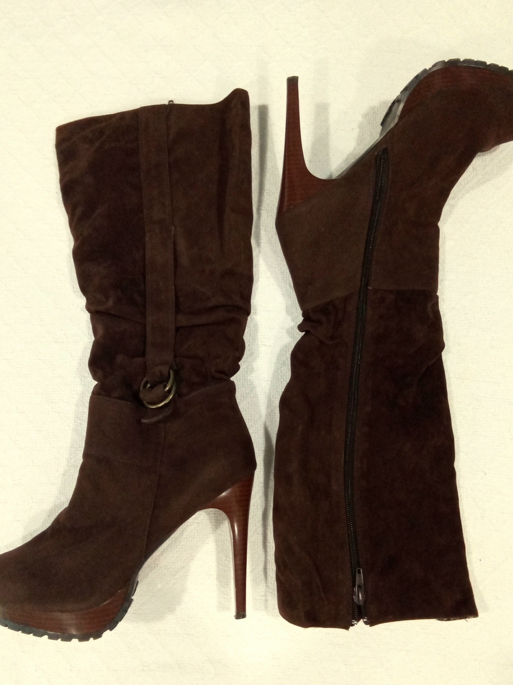 Y2K Knee-High Suede Boots Platform Toe Spike Heel Full Zip Buckle UNsensored Sz8